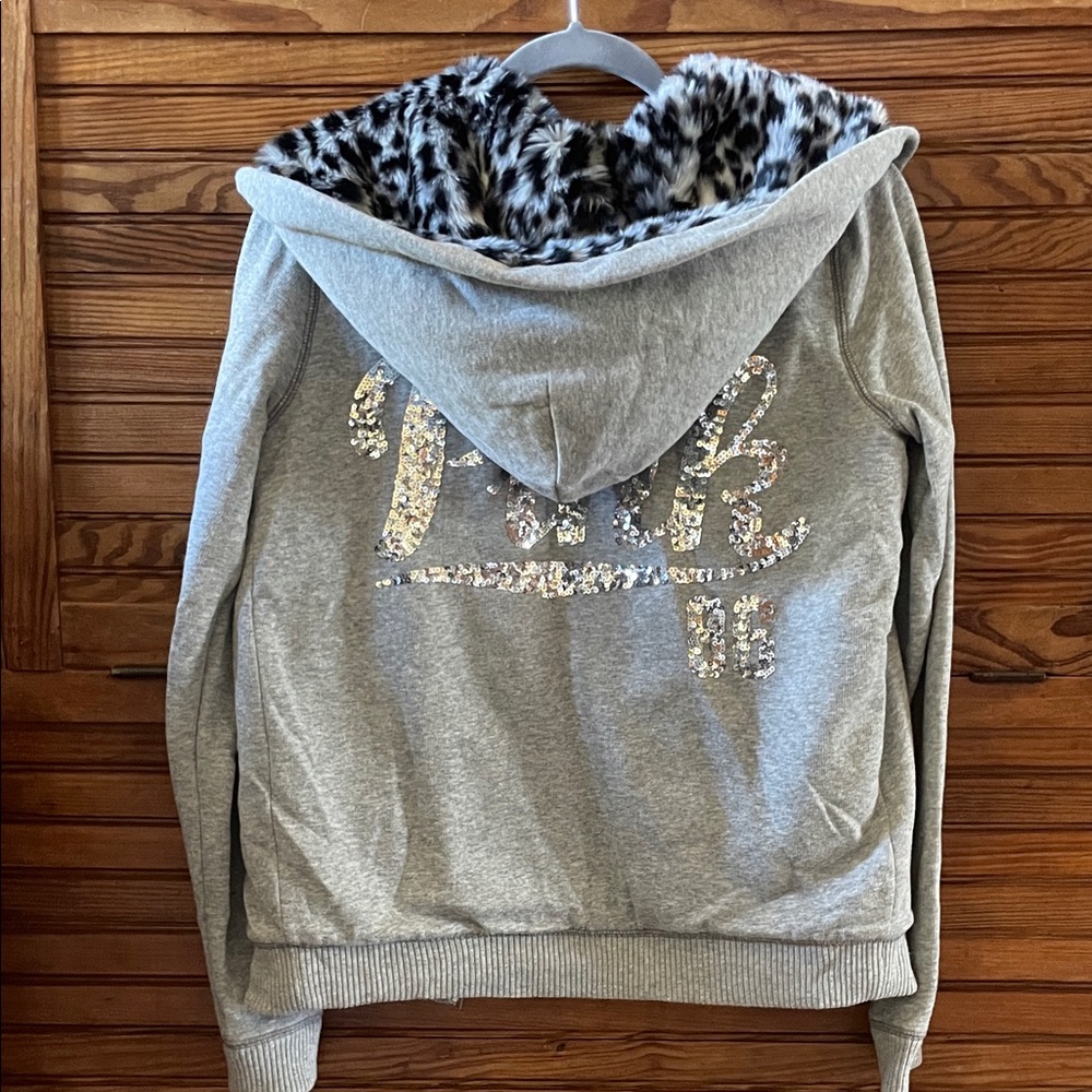 Gray Victoria Secret PINK bling sequin Zip Up Jacket w/ Leopard Print Fur Lining - Picture 7 of 7